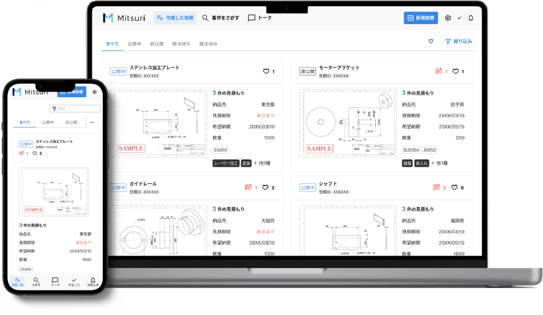 「Mitsuri」上に図面をアップロードし見積りを依頼する。見積りを提出した工場とチャットでやり取りをし、発注するという流れである。