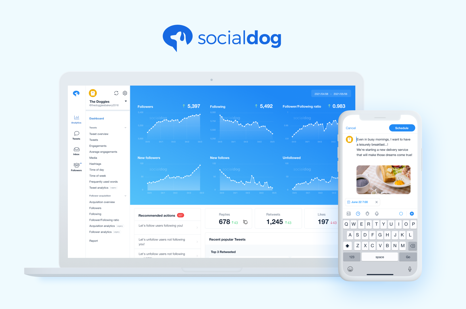 「SocialDog」は、予約投稿やフォロワー管理といった運用効率化ツール、フォロワー数やエンゲージメント率の分析ツール、フォローなどの自動化ツールなどを通じて、SNSアカウント運用を強力にサポート。
SNSマーケティングに必要な機能がすべて揃っています。